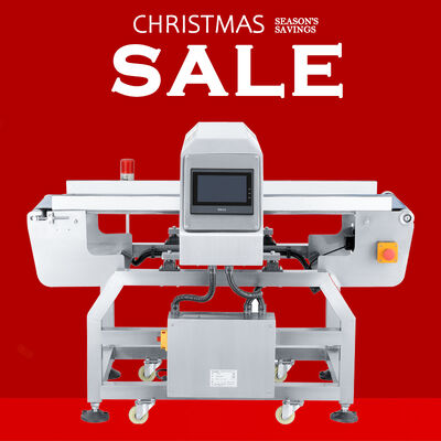 Máy dò kim loại cho băng tải bao bì lá nhôm trong ngành thực phẩm.