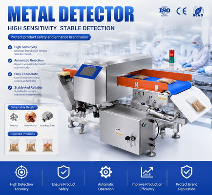 Máy dò kim loại tốc độ cao có băng tải dùng để sàng lọc tạp chất trong thực phẩm ăn nhẹ, khoai tây chiên, hạt, bánh quy, kẹo